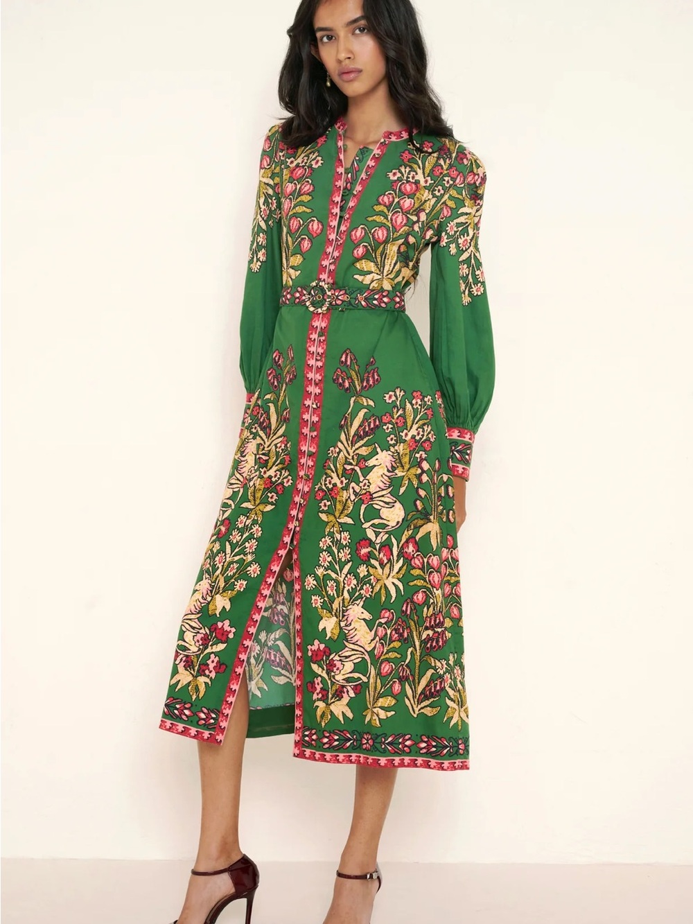 Bananjan  Green Floral Print Button-Front Midi Dress